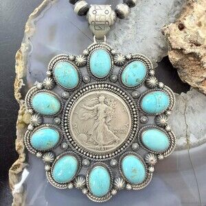 Genuine 1941 90% Silver Walking Liberty Half Dollar Coin w/Turquoise Uni Pendant